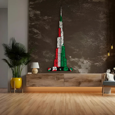 Geometric Burj Khalifa UAE Flag Acrylic Wall Art - Office Decor