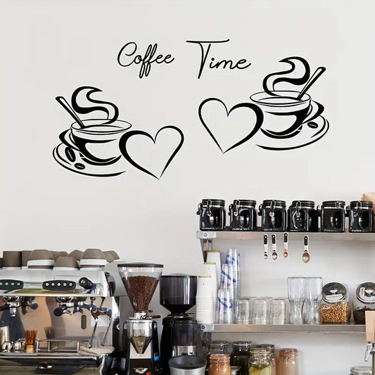 Coffee Time - Coffee Cups With Love & Heart - Kitchen Wall Decal
