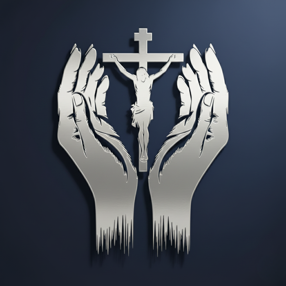 Arcdew Jesus Christ & Praying Hands Wall Decal UAE | Christian Home & Church Decor for Christmas & Baptism - arcdew.com - Silver acrylic Arcdew wall decal featuring Jesus Christ on cross embraced by praying hands on dark background.