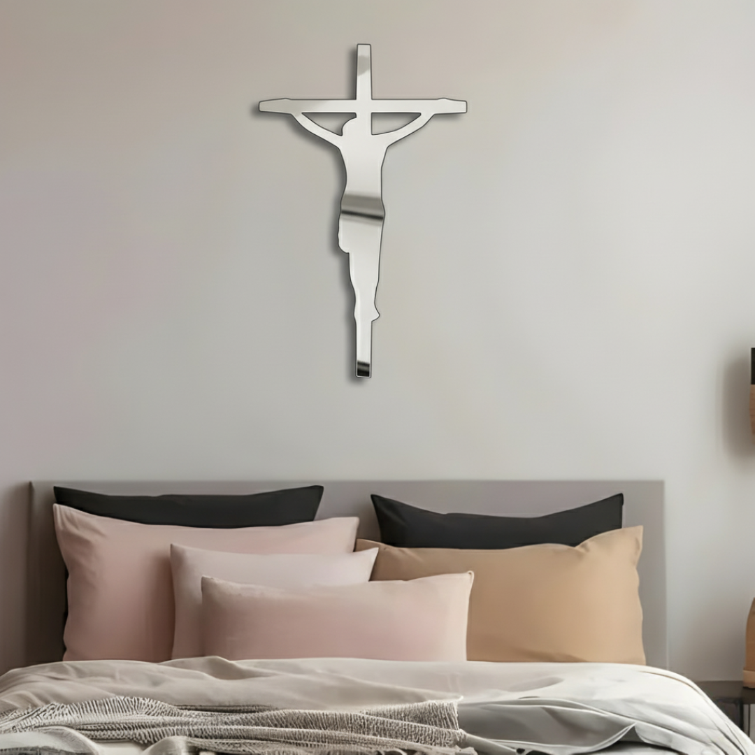 ArcDew Black Jesus Cross – Christian Wall Decor for Christmas & Baptism - arcdew.com - ArcDew branded special acrylic silver Jesus cross wall decor above bed.