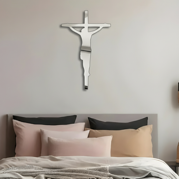 ArcDew Black Jesus Cross – Christian Wall Decor for Christmas & Baptism - arcdew.com - ArcDew branded special acrylic silver Jesus cross wall decor above bed.