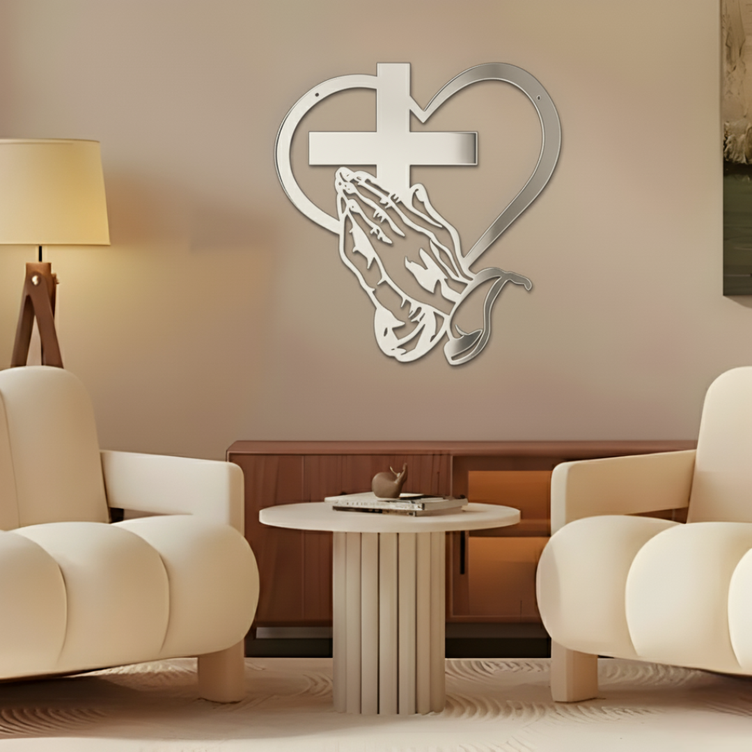 ArcDew Jesus Hand with Cross & Hearts – Christian Home Wall Decal UAE - arcdew.com - Silver acrylic ArcDew branded wall decal with praying hands, cross, and heart design.
