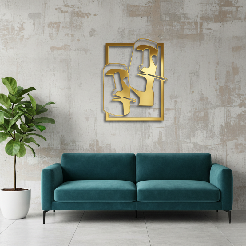 ArcDew Two Faces Moai Wall Art Frame | Modern Abstract Home Decor - arcdew.com - ArcDew gold acrylic two faces Moai wall art frame above teal sofa, modern branded decor.