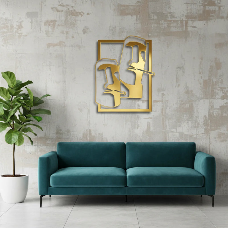 Two Faces Moai Wall Art Frame Gold