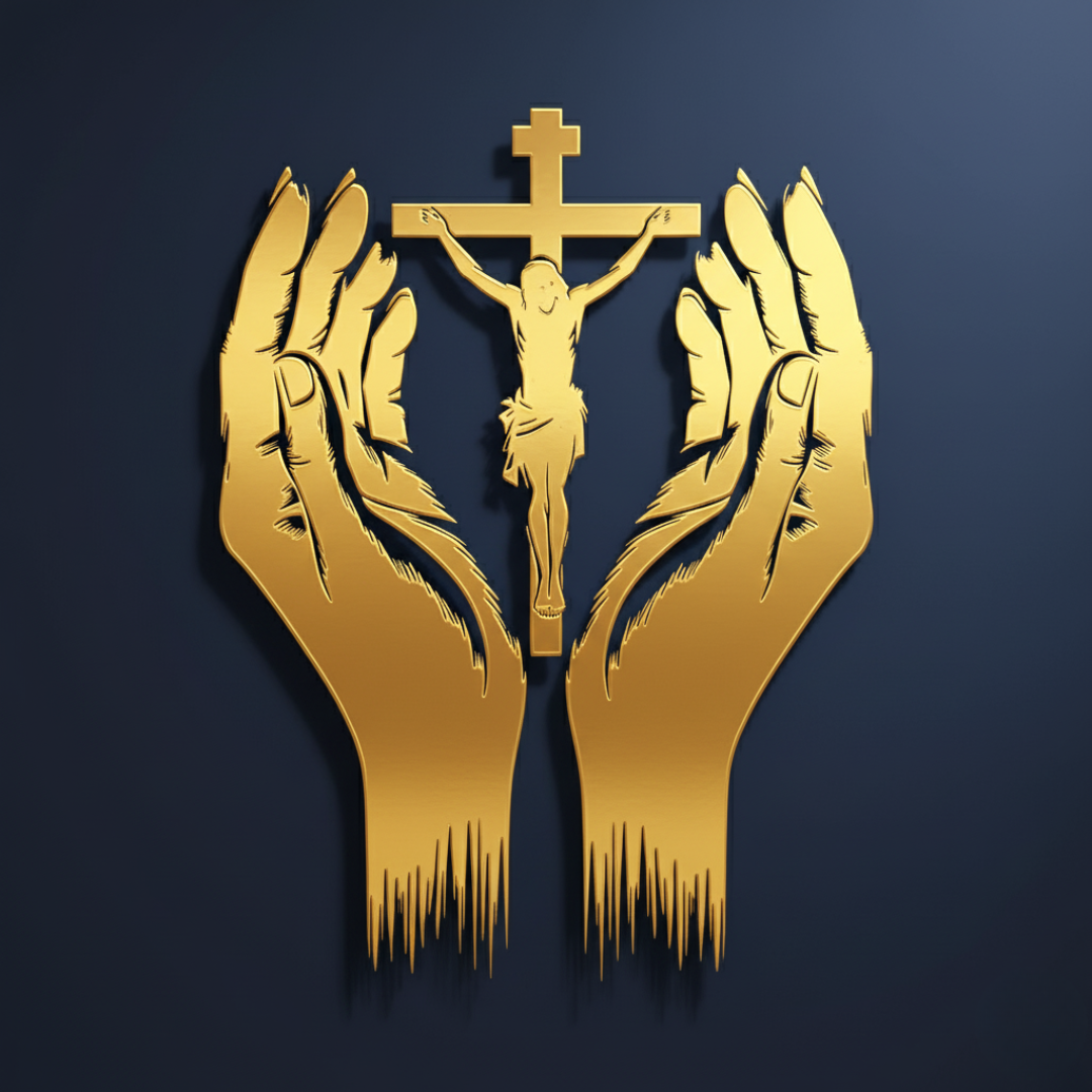 Arcdew Jesus Christ & Praying Hands Wall Decal UAE | Christian Home & Church Decor for Christmas & Baptism - arcdew.com - Gold acrylic Arcdew wall decal featuring Jesus Christ on the cross with praying hands design.