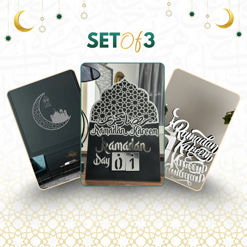 Ramadan Decor Essentials – 3-Piece Modern Set: Countdown Calendar, 3D Crescent Wall Art & Calligraphy Table Sign