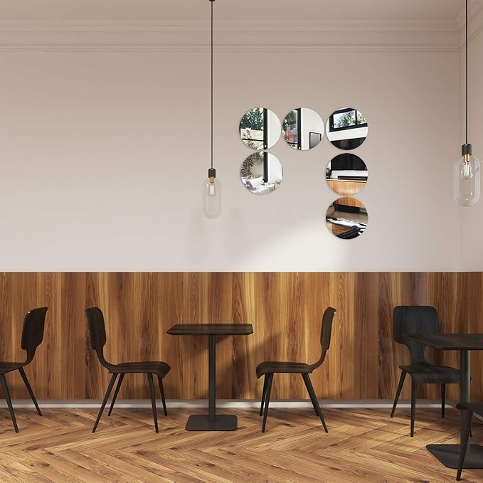 Round Acrylic Mirrors For Decoration - Modern Home Mirrors - House & Office Decal - arcdew.com - Set of six branded Arcdew special acrylic round mirrors arranged on wall above modern dining area.
