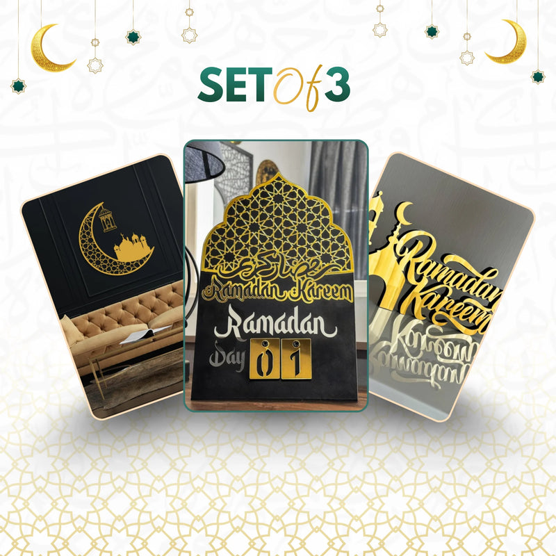 Ramadan Decor Essentials – 3-Piece Modern Set: Countdown Calendar, 3D Crescent Wall Art & Calligraphy Table Sign