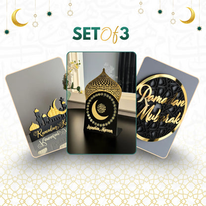 Ramadan Modernity Set – 3-Piece Bundle: Arch Countdown Calendar, Ramadan Mubarak Wall Art, and Ramadan Kareem Table Sign