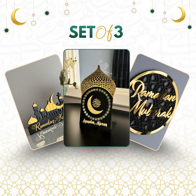 Ramadan Modernity Set – 3-Piece Bundle: Arch Countdown Calendar, Ramadan Mubarak Wall Art, and Ramadan Kareem Table Sign