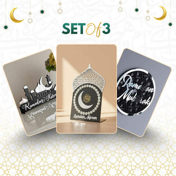 Ramadan Modernity Set – 3-Piece Bundle: Arch Countdown Calendar, Ramadan Mubarak Wall Art, and Ramadan Kareem Table Sign