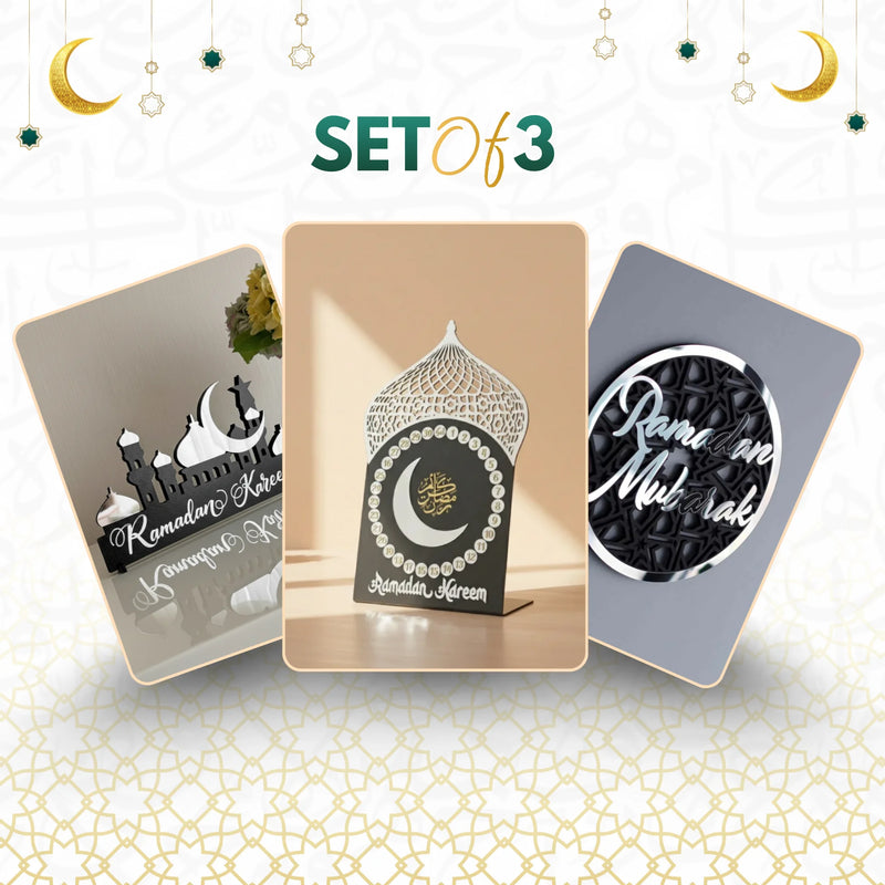 Ramadan Modernity Set – 3-Piece Bundle: Arch Countdown Calendar, Ramadan Mubarak Wall Art, and Ramadan Kareem Table Sign