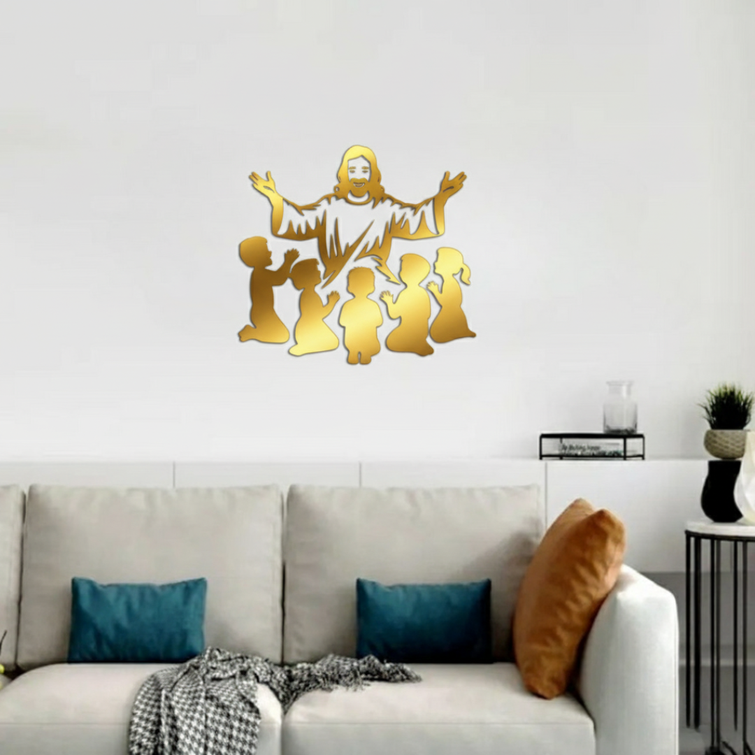 Jesus Christ with Children - Christian Home Décor - Christmas & Baptism - For Church - arcdew.com - Gold acrylic Jesus Christ with children wall decoration, branded Arcdew special design.