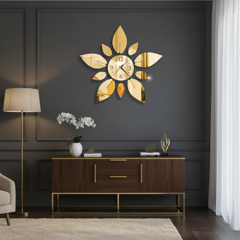 Decorative wall clock with leaf design in a living room setting.