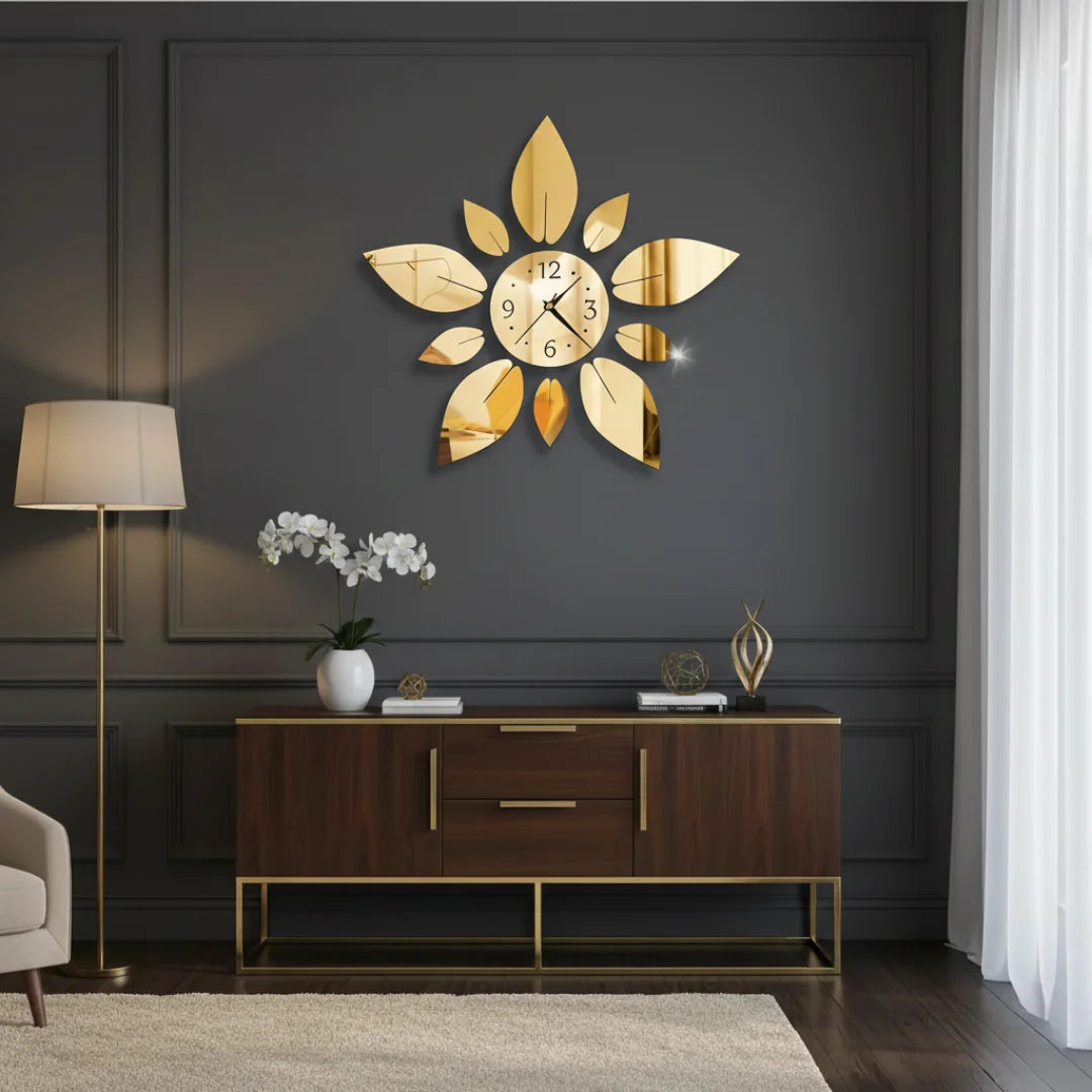 3D Mirrored Acrylic Flower Wall Clock Gold