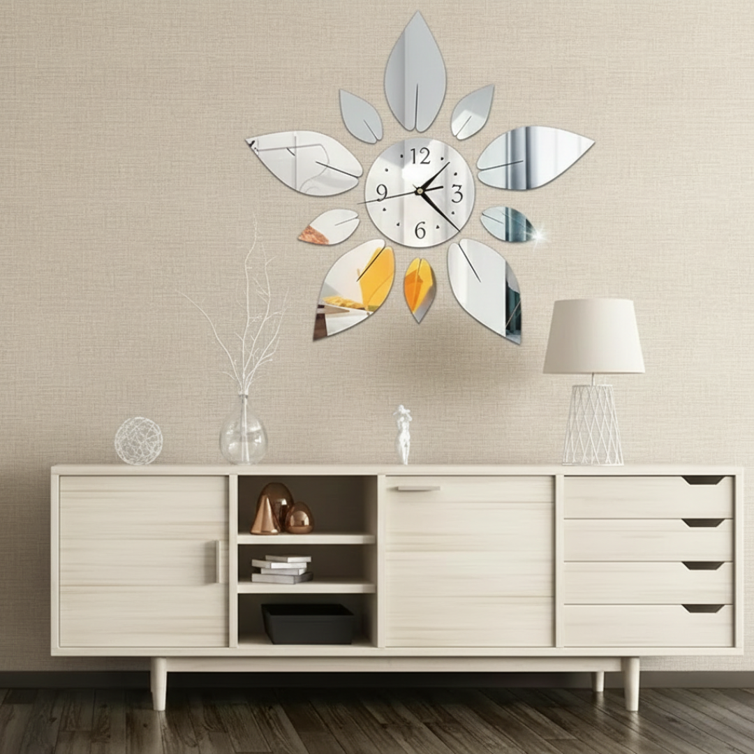 3D Mirrored Acrylic Flower Wall Clock | DIY Modern Petal Decor silver..