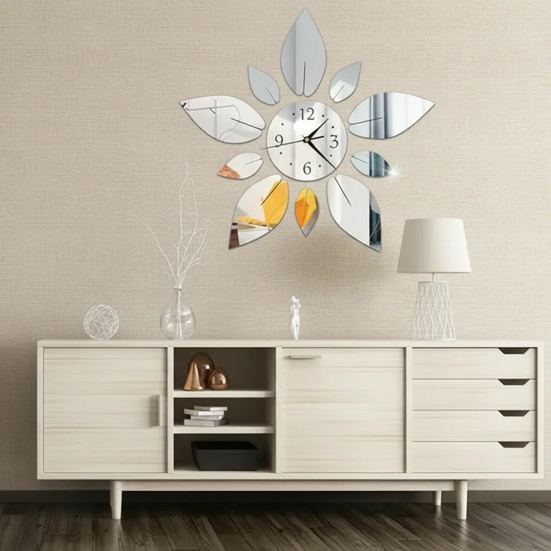 3D Mirrored Acrylic Flower Wall Clock Silver