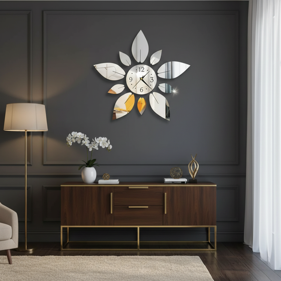 Decorative wall clock with floral design on a dark wall above a wooden console table.