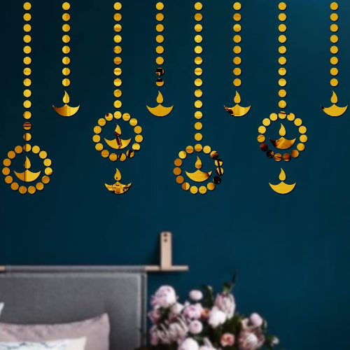Golden Acrylic Mirror Wall Stickers – 10 Diya & 100 Dots, DIY Home Decor