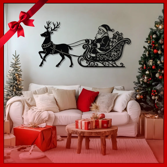 Decorative wall art of Santa Claus in a sleigh with reindeer above a living room with Christmas decorations.