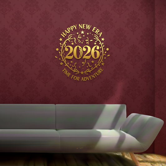 Decorative wall decal with 'Happy New Era 2026 Time for Adventure' on a red patterned wall above a white sofa.
