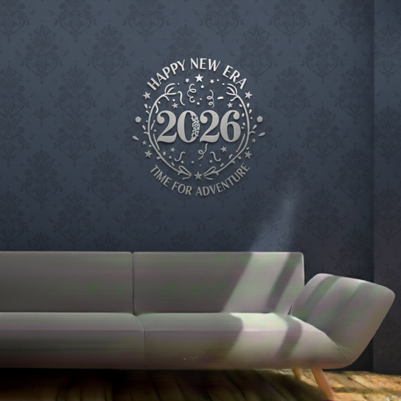 "Adventure Awaits" 2026 Acrylic Wall Emblem – Modern New Year Circular Decor.