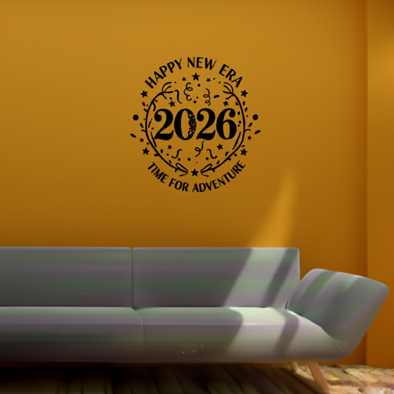 Wall decal with 'Happy New Era 2026 Time for Adventure' text on an orange wall above a white sofa.