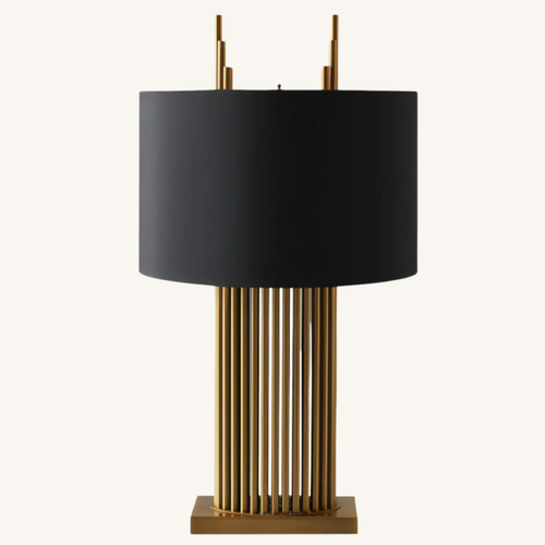 Angus Gold Column Table Lamp – Modern Fluted Pedestal Lamp with Black Drum Shade