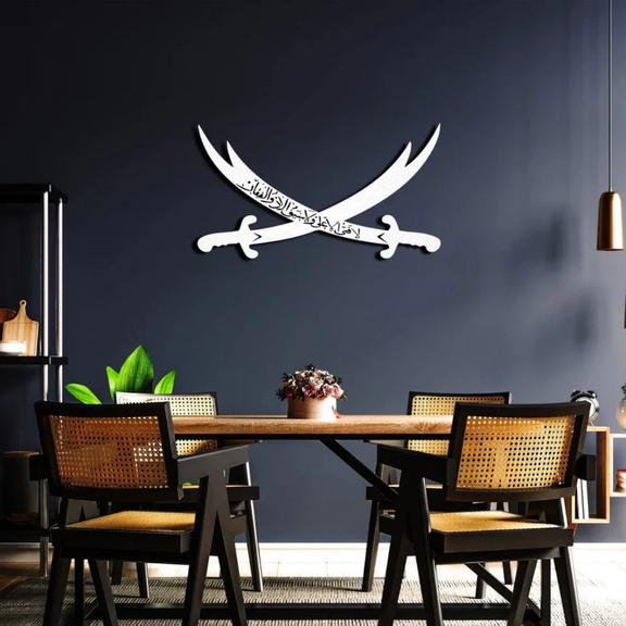 ArcDew Alis Zulfiqar Sword Islamic Wall Art Muharram Decor UAE - arcdew.com - ArcDew silver acrylic Alis Zulfiqar sword Islamic wall art above dining table on dark wall.