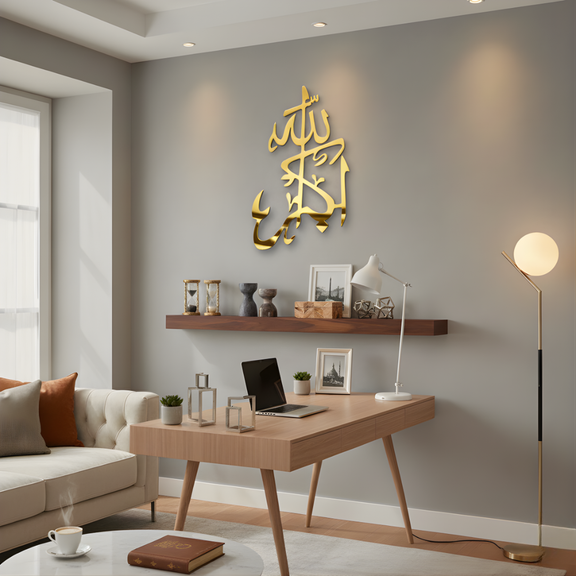 ArcDew Allahu Akbar Calligraphy Art Islamic Acrylic Wall Decor UAE - arcdew.com - Gold acrylic ArcDew branded Islamic calligraphy wall decor in modern office setting.