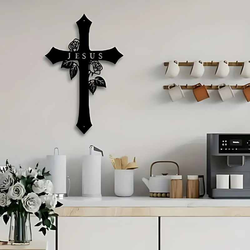 ArcDew Black Jesus Cross – Christian Wall Decor for Christmas & Baptism - arcdew.com - ArcDew black acrylic Jesus cross wall decor with rose motif, modern Christian home decor.