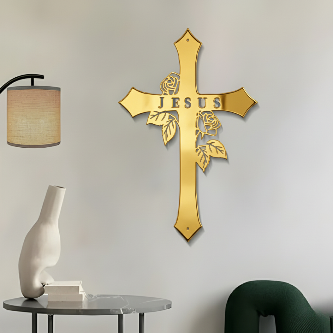 ArcDew Black Jesus Cross – Christian Wall Decor for Christmas & Baptism - arcdew.com - Gold acrylic Jesus cross wall decor with leaf details, branded ArcDew special design.