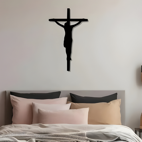 ArcDew Black Jesus Cross – Christian Wall Decor for Christmas & Baptism - arcdew.com - ArcDew special branded black acrylic Jesus cross wall decor above bed.