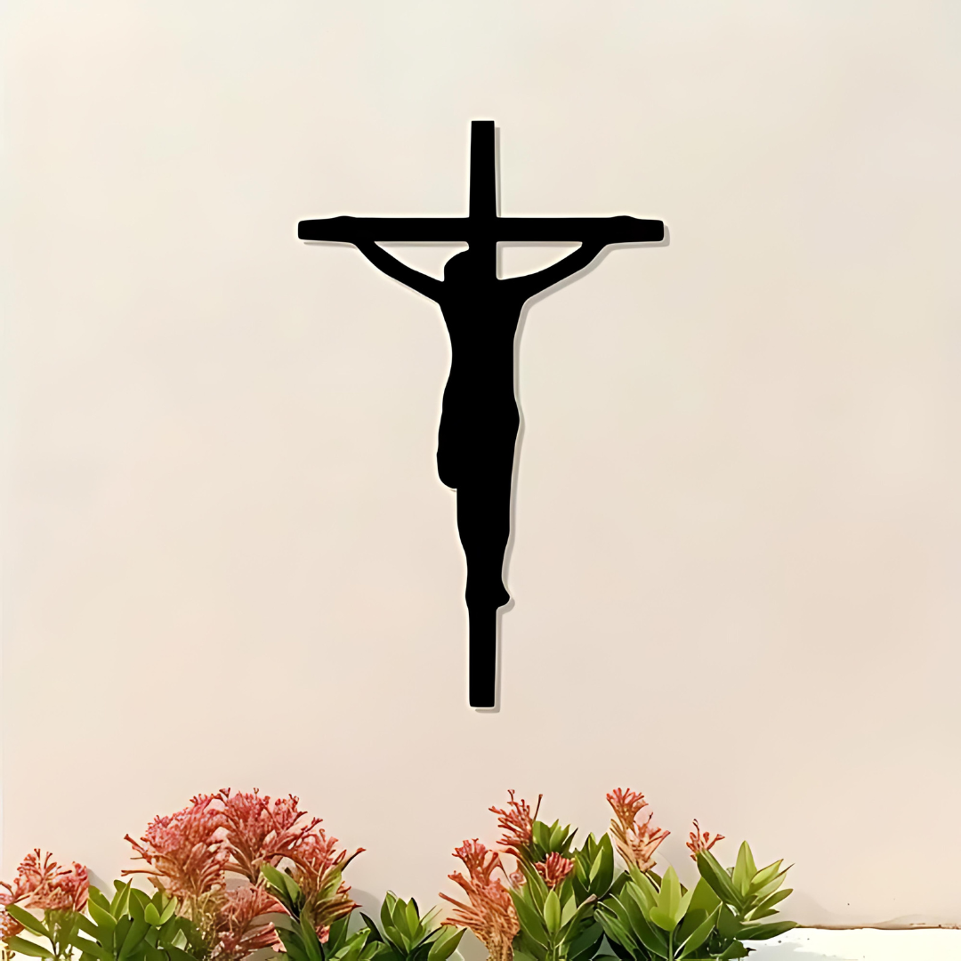 ArcDew Black Jesus Cross – Christian Wall Decor for Christmas & Baptism - arcdew.com - ArcDew branded black acrylic Jesus cross wall decor with minimalist silhouette and special finish.
