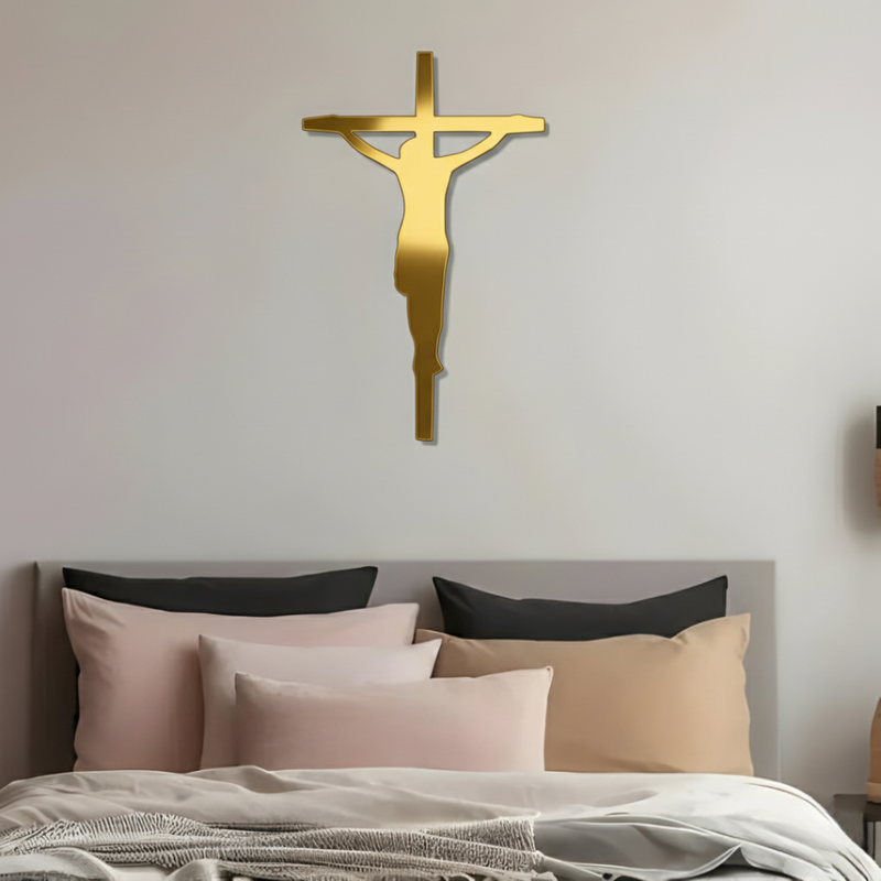 ArcDew Black Jesus Cross – Christian Wall Decor for Christmas & Baptism - arcdew.com - Gold ArcDew branded acrylic Jesus cross wall decor above bed.