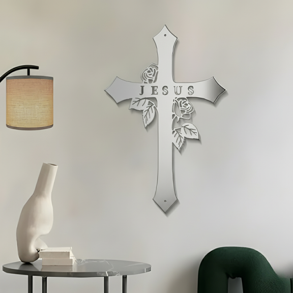 ArcDew Black Jesus Cross – Christian Wall Decor for Christmas & Baptism - arcdew.com - Silver acrylic ArcDew Jesus cross wall decor with floral accents, branded Christian design.
