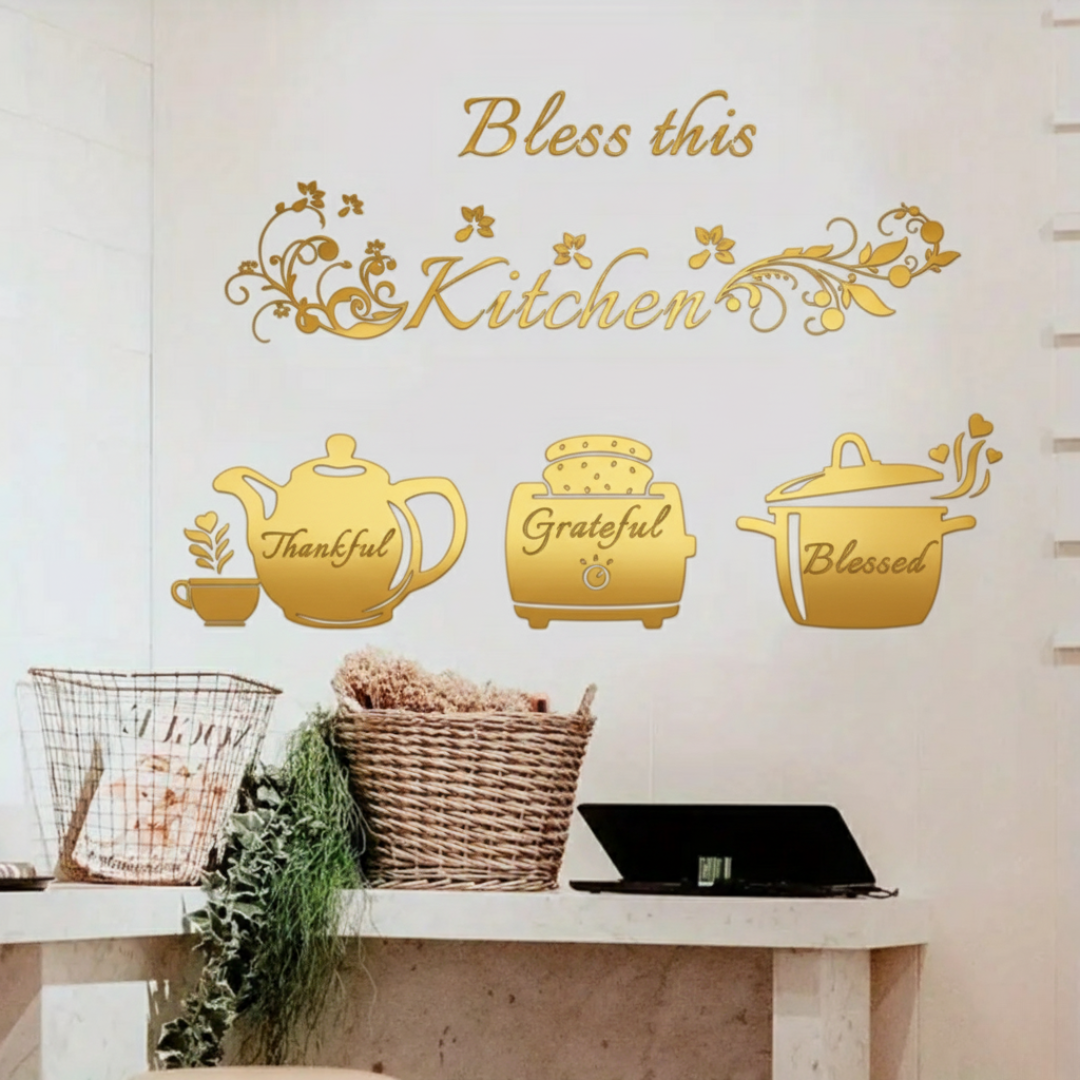 ArcDew "Bless This Kitchen" Cooker Teapot Acrylic Wall Decal | Beautiful Decor for UAE Homes & Restaurants Gold