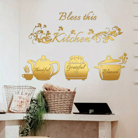 ArcDew "Bless This Kitchen" Cooker Teapot Acrylic Wall Decal | Beautiful Decor for UAE Homes & Restaurants Gold