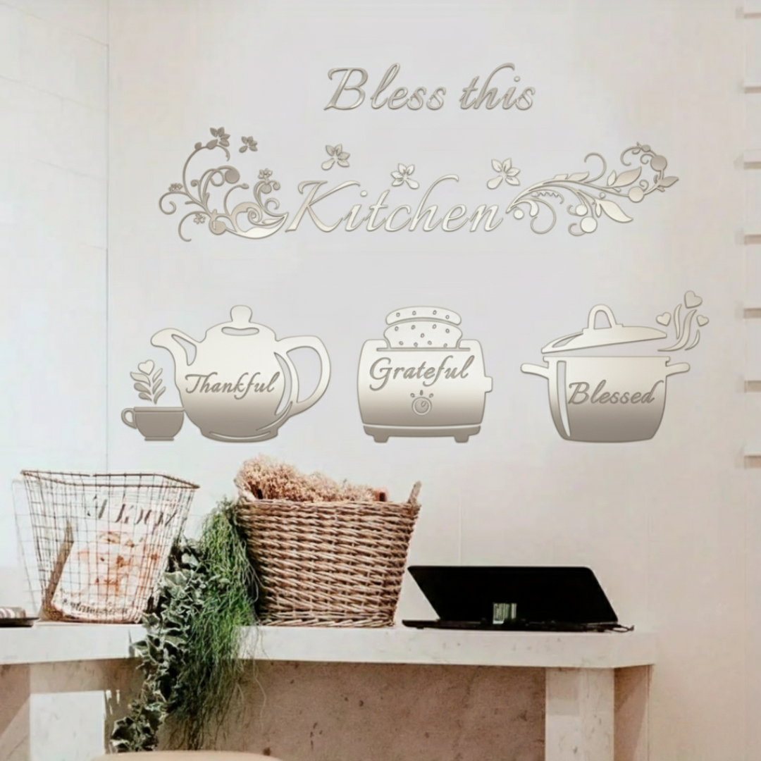 ArcDew "Bless This Kitchen" Cooker Teapot Acrylic Wall Decal | Beautiful Decor for UAE Homes & Restaurants silver