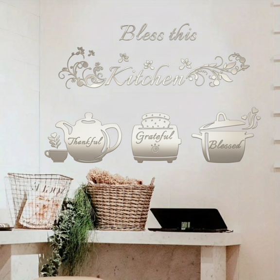 ArcDew "Bless This Kitchen" Cooker Teapot Acrylic Wall Decal | Beautiful Decor for UAE Homes & Restaurants silver