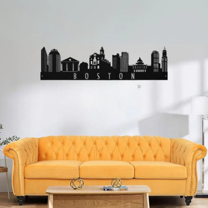 ArcDew Boston Skyline Acrylic Wall Art – Modern City Décor - arcdew.com - ArcDew black acrylic Boston skyline wall art with branded special cityscape design above yellow sofa.