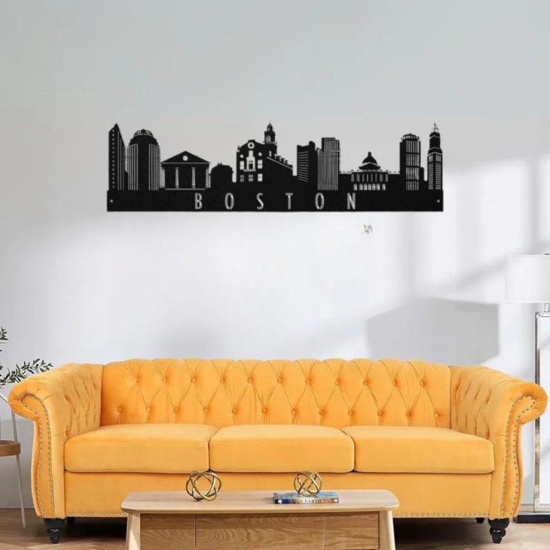 ArcDew Boston Skyline Acrylic Wall Art – Modern City Décor - arcdew.com - ArcDew black acrylic Boston skyline wall art with branded special cityscape design above yellow sofa.