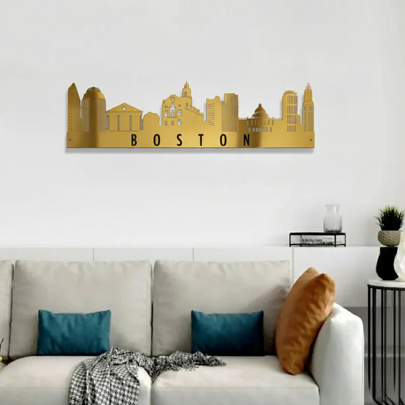 ArcDew Boston Skyline Acrylic Wall Art – Modern City Décor - arcdew.com - Gold ArcDew branded acrylic Boston skyline wall art with modern city décor design.