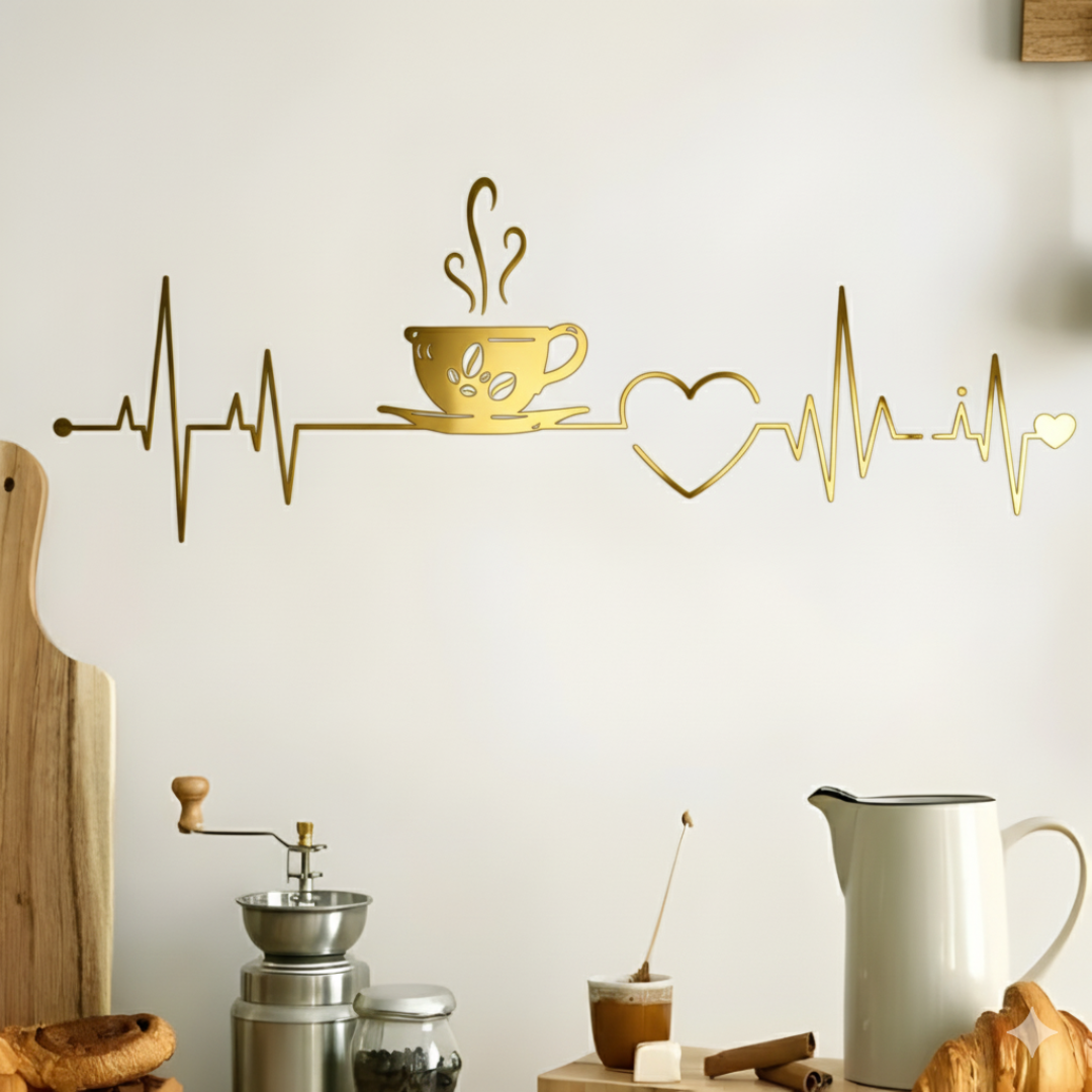 ArcDew Coffee Cup Heart ECG Acrylic Wall Decal | Beautiful Kitchen Decor for UAE Homes & Restaurants