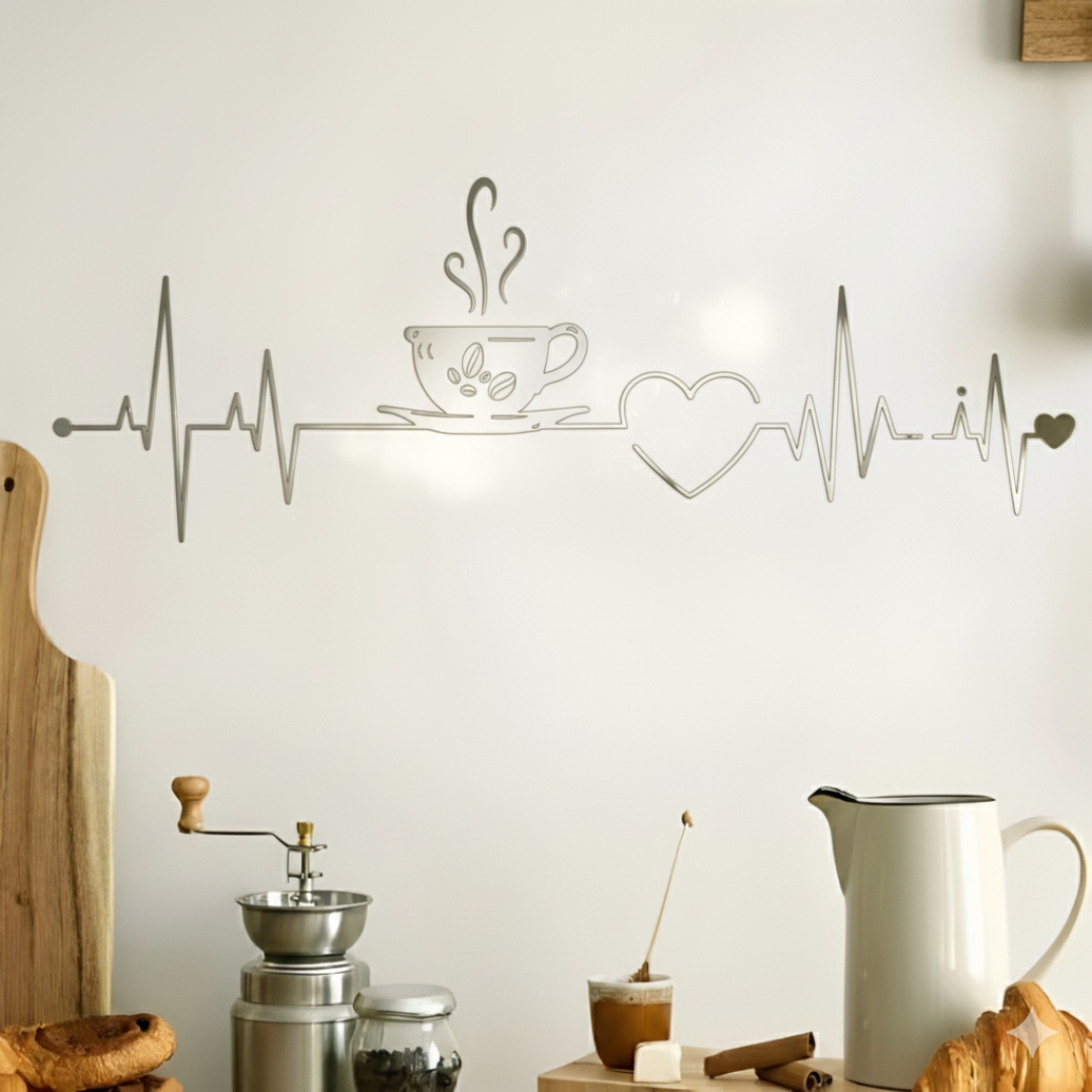 ArcDew Coffee Cup Heart ECG Acrylic Wall Decal | Beautiful Kitchen Decor for UAE Homes & Restaurants silver