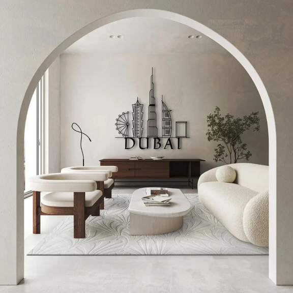 ArcDew Dubai Skyline Acrylic Wall Art – Modern UAE City Décor - arcdew.com - ArcDew branded black acrylic Dubai skyline wall art above modern white and wood living room console.