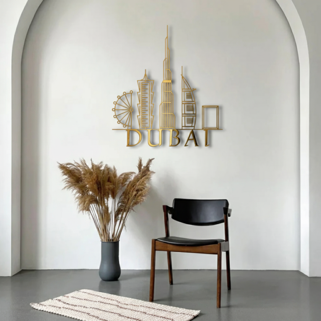 ArcDew Dubai Skyline Acrylic Wall Art – Modern UAE City Décor - arcdew.com - ArcDew branded gold acrylic Dubai skyline wall art with modern cityscape design.