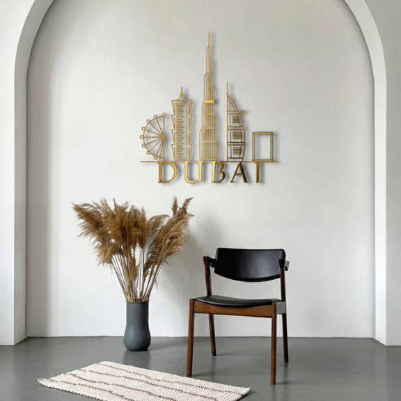 ArcDew Dubai Skyline Acrylic Wall Art – Modern UAE City Décor - arcdew.com - ArcDew branded gold acrylic Dubai skyline wall art with modern cityscape design.