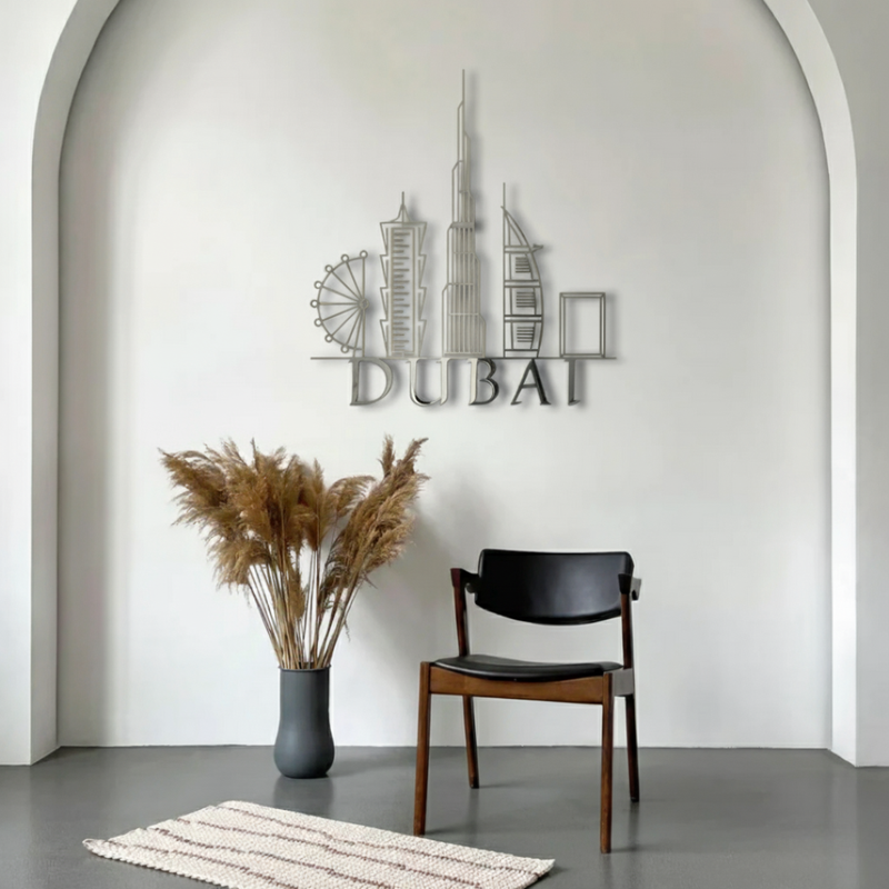 ArcDew Dubai Skyline Acrylic Wall Art – Modern UAE City Décor - arcdew.com - ArcDew branded silver acrylic Dubai skyline wall art with modern cityscape design.