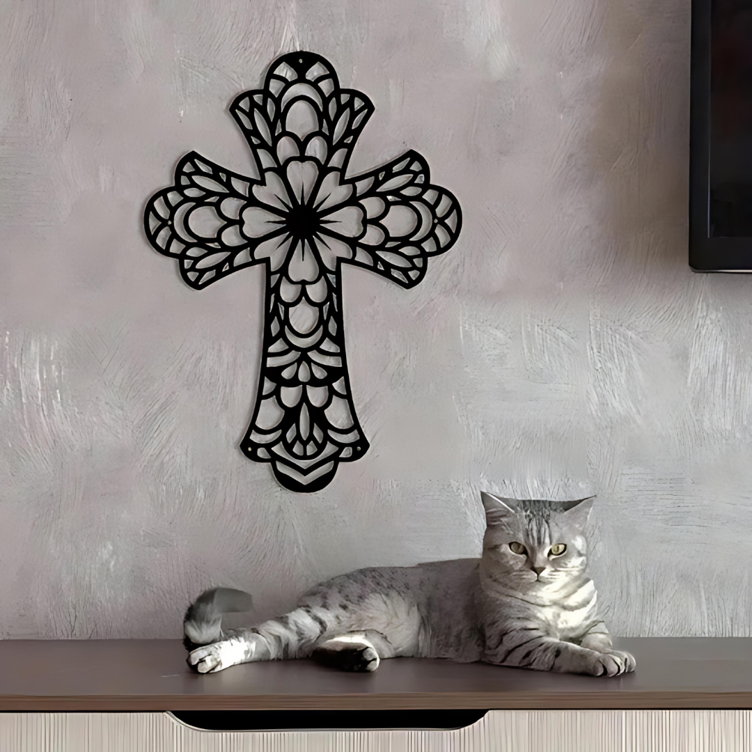 ArcDew Elegant Black Acrylic Cross – Christian Home Wall Decal UAE - arcdew.com - Black ArcDew acrylic cross wall decal with intricate floral design, branded and special.